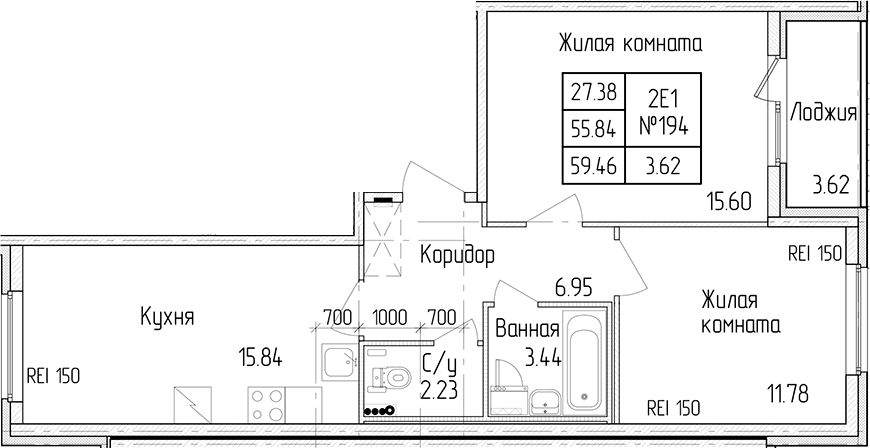 2-комнатная квартира 55.84 м², 1/4 эт., ЖК «Любоград в Стрельне»